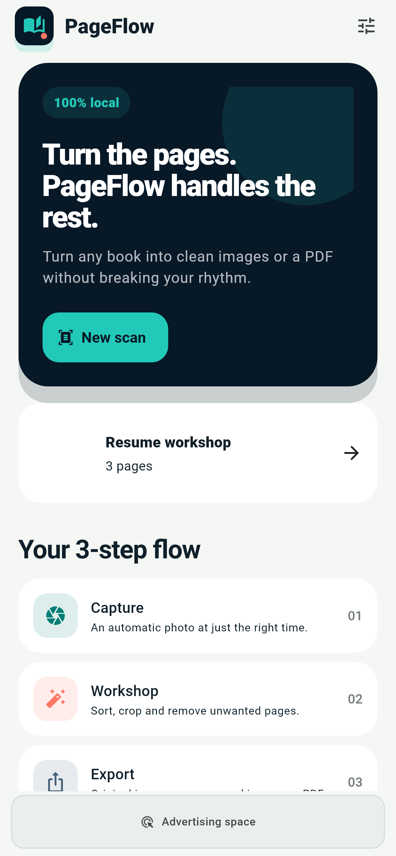 PageFlow home screen with the New scan button