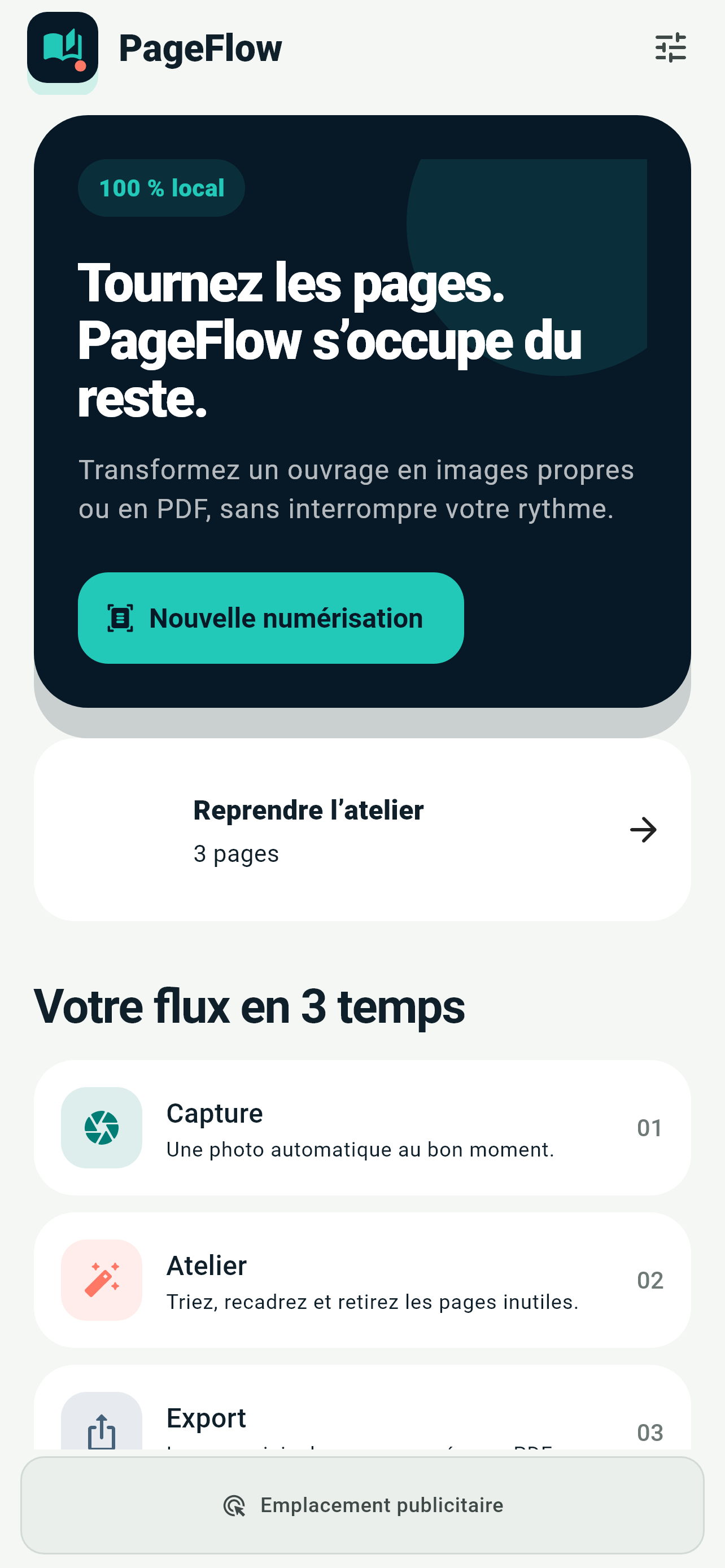 Écran d’accueil de PageFlow avec le bouton Nouvelle numérisation