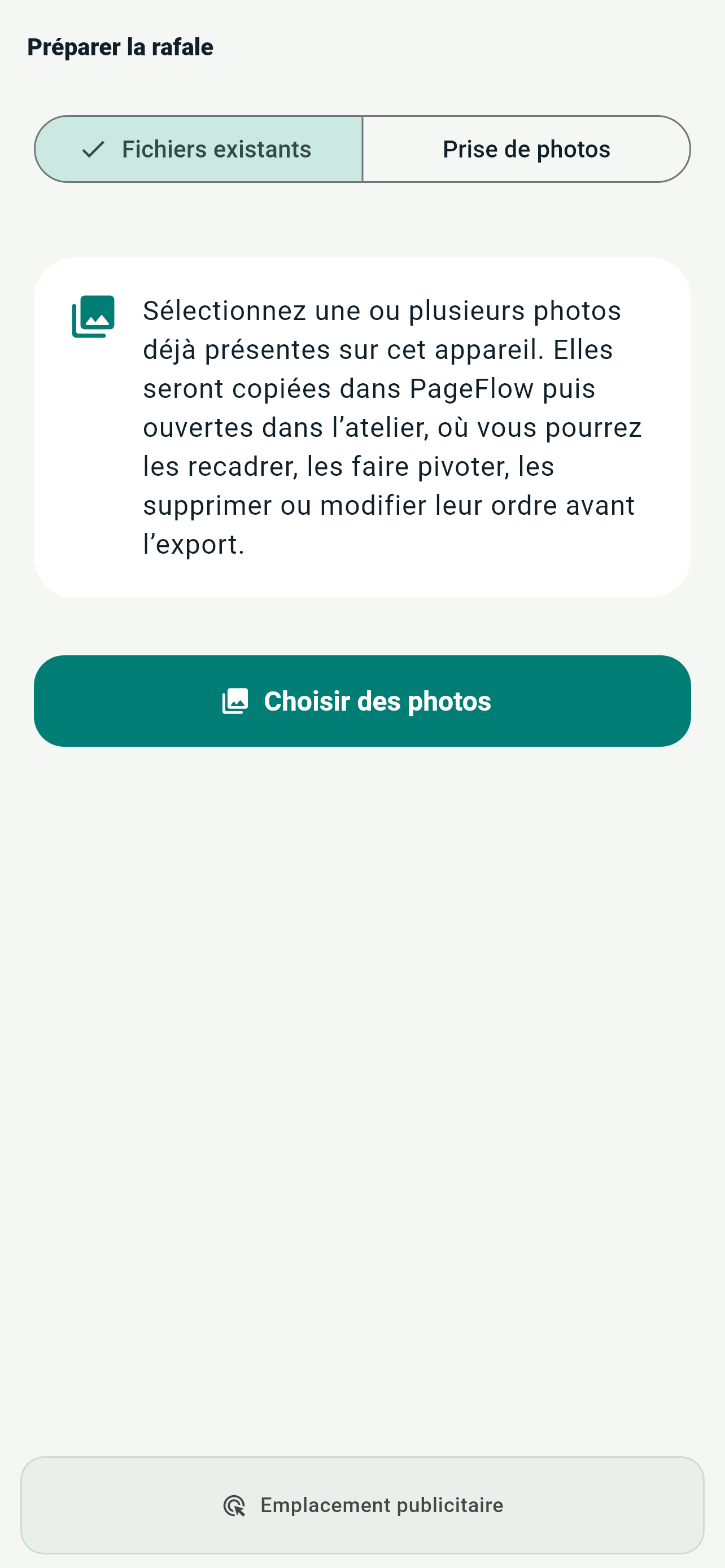 Choix du mode Images existantes dans PageFlow
