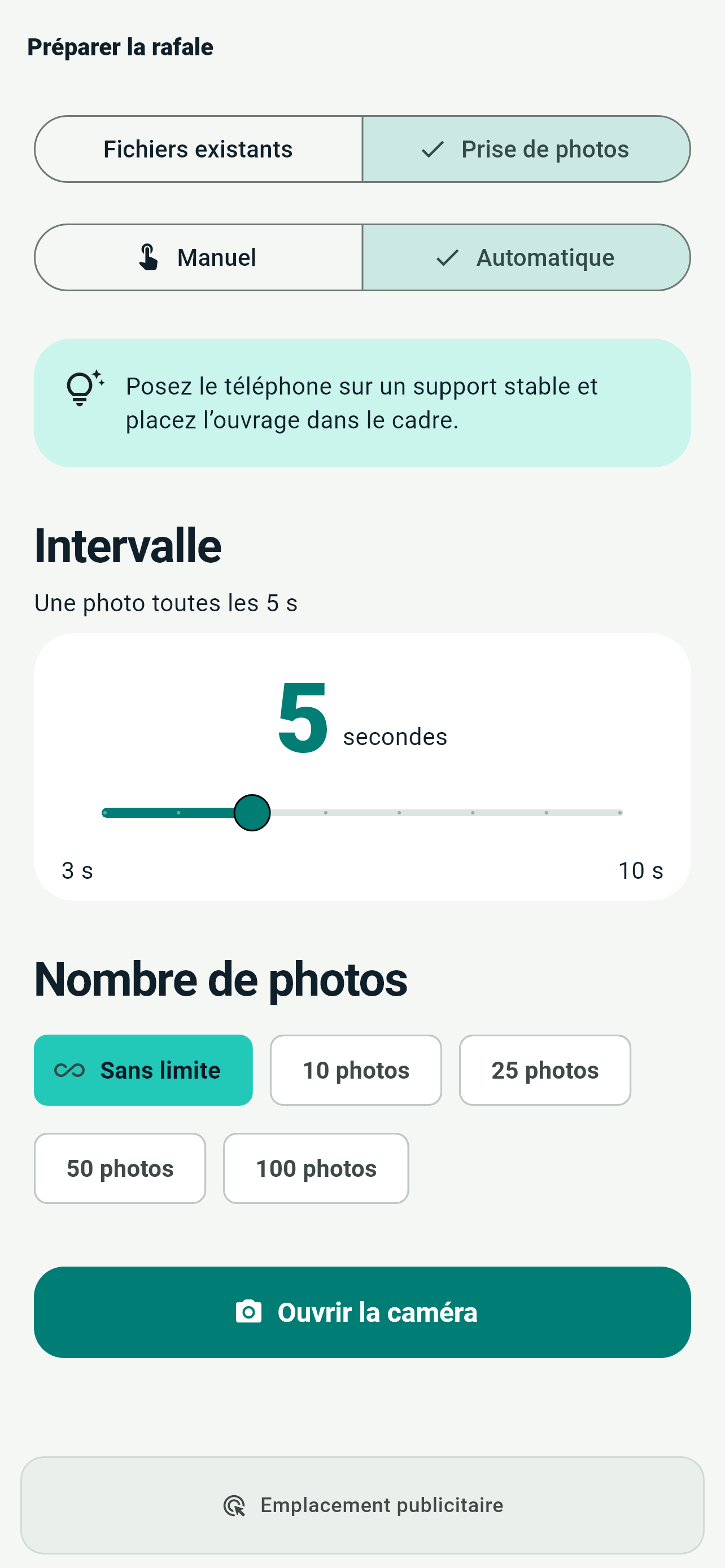 Réglage de la prise de photos manuelle ou automatique dans PageFlow