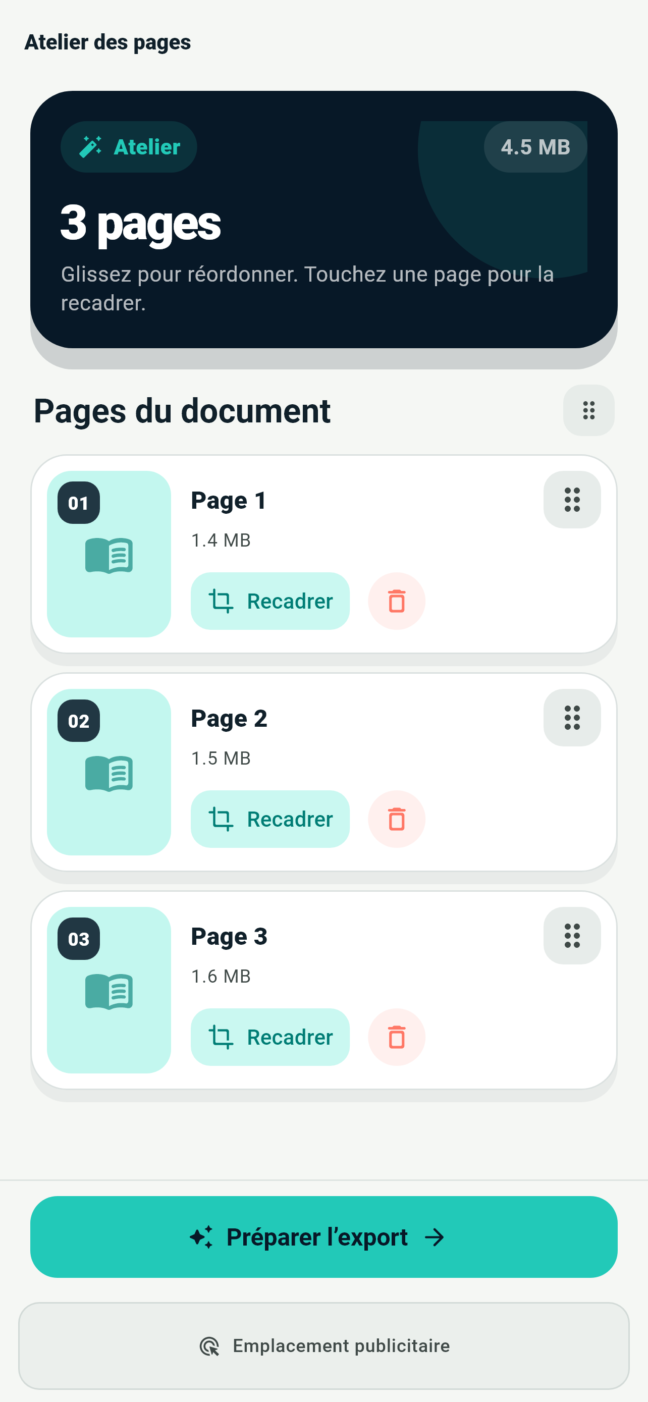 Atelier PageFlow avec trois pages à réorganiser